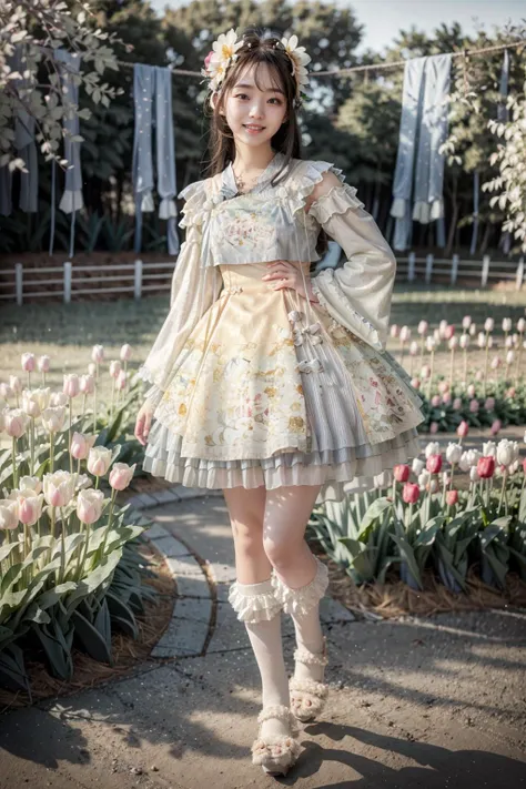 (realistic:1.3), finely detailed, quality, rembrandt lighting, (masterpiece:1.2), (photorealistic:1.2), (best quality), (detailed skin:1.3), (intricate details), dramatic, ray tracing, 1girl, japanese girl, 21 years old, detailed skin texture, (blush:0.5), (goosebumps:0.5), subsurface scattering, smiling, medium breasts, long hair curls, bangs, hair between eyes, hair flower, hair ornament, ribbon, bow, white dress, short dress, long sleeves, wide sleeves, lace, frills, ygql \(manaka nemu\), frilled socks, high heels, full body, (arms at side:1.2), (strolling, bright sunny day, outdoors, wide open field of tulips, sky), <lora:Dress NO.19 V1 ygql:1>