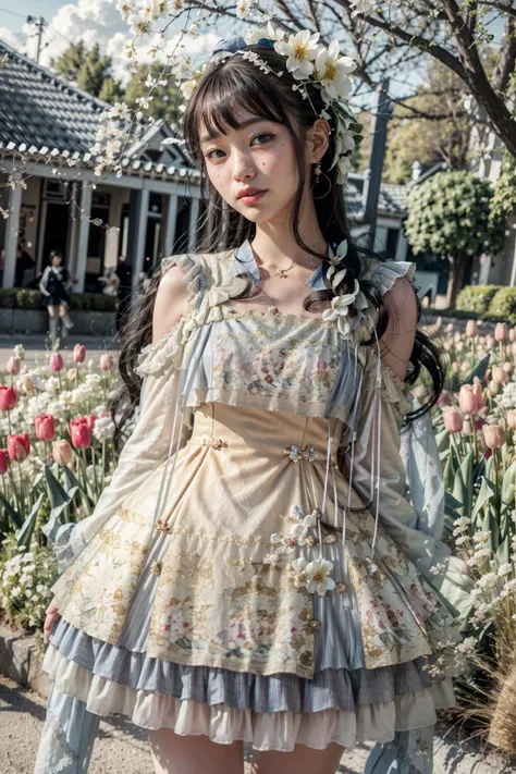 (realistic:1.3), finely detailed, quality, rembrandt lighting, (masterpiece:1.2), (photorealistic:1.2), (best quality), (detailed skin:1.3), (intricate details), dramatic, ray tracing, 1girl, japanese girl, 21 years old, detailed skin texture, (blush:0.5), (goosebumps:0.5), subsurface scattering, smiling, medium breasts, long hair curls, bangs, hair between eyes, hair flower, hair ornament, ribbon, bow, white dress, short dress, long sleeves, wide sleeves, lace, frills, ygql \(manaka nemu\), cowboy shot, (arms at side:1.2), (strolling, bright sunny day, outdoors, wide open field of tulips, sky), <lora:Dress NO.19 V1 ygql:1>