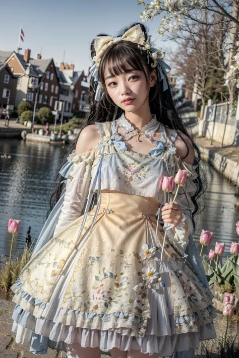 (realistic:1.3), finely detailed, quality, rembrandt lighting, (masterpiece:1.2), (photorealistic:1.2), (best quality), (detailed skin:1.3), (intricate details), dramatic, ray tracing, 1girl, japanese girl, 21 years old, detailed skin texture, (blush:0.5), (goosebumps:0.5), subsurface scattering, smiling, medium breasts, long hair curls, bangs, hair between eyes, hair flower, hair ornament, ribbon, bow, white dress, short dress, long sleeves, wide sleeves, lace, frills, ygql \(manaka nemu\), cowboy shot, (arms at side:1.2), (bright sunny day, outdoors, wide open field of tulips, sky), <lora:Dress NO.19 V1 ygql:1>