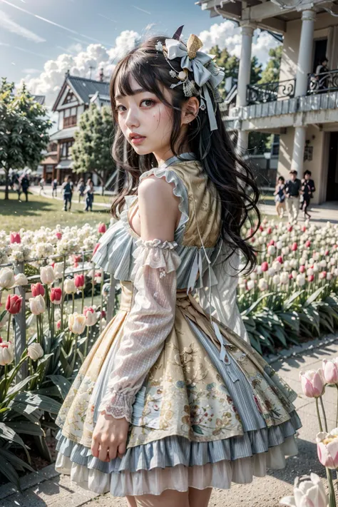(realistic:1.3), finely detailed, quality, rembrandt lighting, (masterpiece:1.2), (photorealistic:1.2), (best quality), (detailed skin:1.3), (intricate details), dramatic, ray tracing, 1girl, japanese girl, 21 years old, detailed skin texture, (blush:0.5), (goosebumps:0.5), subsurface scattering, smiling, medium breasts, long hair curls, bangs, hair between eyes, hair flower, hair ornament, ribbon, bow, white dress, short dress, long sleeves, wide sleeves, lace, frills, ygql \(manaka nemu\), cowboy shot, (arms at side:1.2), (strolling, bright sunny day, outdoors, wide open field of tulips, sky), <lora:Dress NO.19 V1 ygql:1>