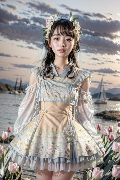 (realistic:1.3), finely detailed, quality, rembrandt lighting, (masterpiece:1.2), (photorealistic:1.2), (best quality), (detailed skin:1.3), (intricate details), dramatic, ray tracing, 1girl, japanese girl, 21 years old, detailed skin texture, (blush:0.5), (goosebumps:0.5), subsurface scattering, smiling, medium breasts, long hair curls, bangs, hair between eyes, hair flower, hair ornament, ribbon, bow, white dress, short dress, long sleeves, wide sleeves, lace, frills, ygql \(manaka nemu\), cowboy shot, (arms at side:1.2), (bright sunny day, outdoors, wide open field of tulips, sky), <lora:Dress NO.19 V1 ygql:1>