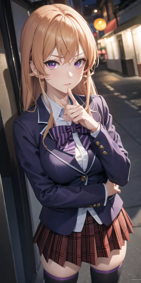 erinanakiri, <lora:erinanakiri:1>, erina nakiri, blonde hair, (medium breasts:1.2), (purple eyes:1.5), BREAK bow, red bow, skirt, thighhighs, school uniform, jacket, pleated skirt, black thighhighs, zettai ryouiki, plaid, plaid skirt, blazer, BREAK looking at viewer, BREAK outside, BREAK <lora:GoodHands-vanilla:1>, (masterpiece:1.2), best quality, high resolution, unity 8k wallpaper, (illustration:0.8), (beautiful detailed eyes:1.6), extremely detailed face, perfect lighting, extremely detailed CG, (perfect hands, perfect anatomy),