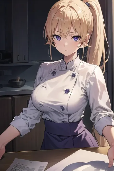 erinanakiri, <lora:erinanakiri:1>, erina nakiri, long hair, blonde hair, (medium breasts:1.2), purple eyes, BREAK ponytail, low ponytail, white long sleeves, pants, buttons, white pants, chef, (white chef:1.2), BREAK looking at viewer, BREAK indoors, kitchen, BREAK <lora:GoodHands-vanilla:1>, (masterpiece:1.2), best quality, high resolution, unity 8k wallpaper, (illustration:0.8), (beautiful detailed eyes:1.6), extremely detailed face, perfect lighting, extremely detailed CG, (perfect hands, perfect anatomy),