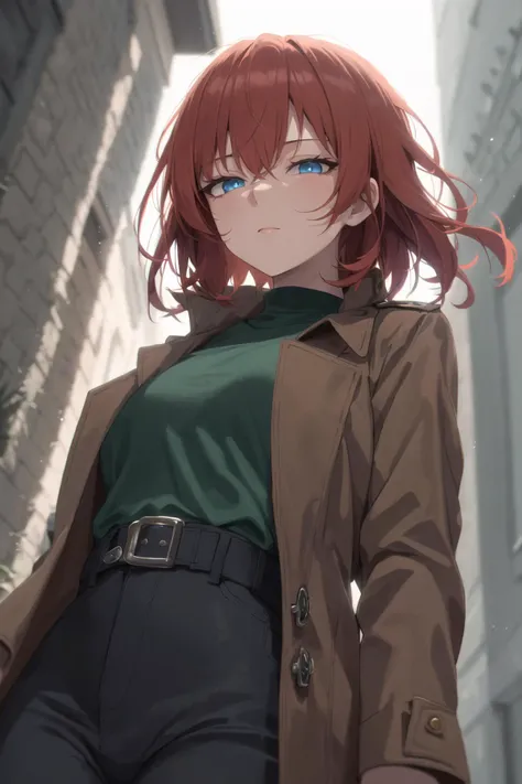 masterpiece, best quality, from below,
1girl, solo, red hair, blue eyes, glowing eyes, medium breasts, standing, looking at viewer, half-closed eyes,
dark green shirt, high collar, black pants, high-waist, brown coat,
outdoors, alley,
intense shadow, backlighting,
<lora:half-closed eyes:0.8>