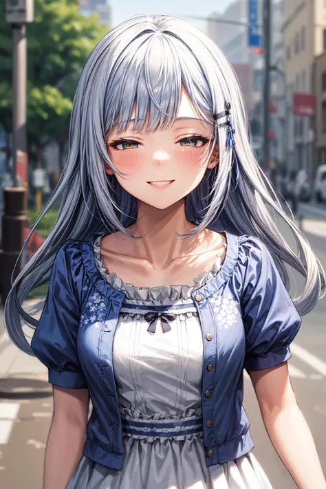 masterpiece, best quality, highres, 1girl, aatsumugi, sk blue hair, long hair, low-tied long hair, blunt bangs, hairclip, collarbone, short sleeves, blue jacket, white dress, puffy sleeves, open clothes, floral print,,, looking at viewers, smile, upperbody, half-closed eyes, <lora:shiraishi_tsumugi_v1:0.7> <lora:add_detail:1>