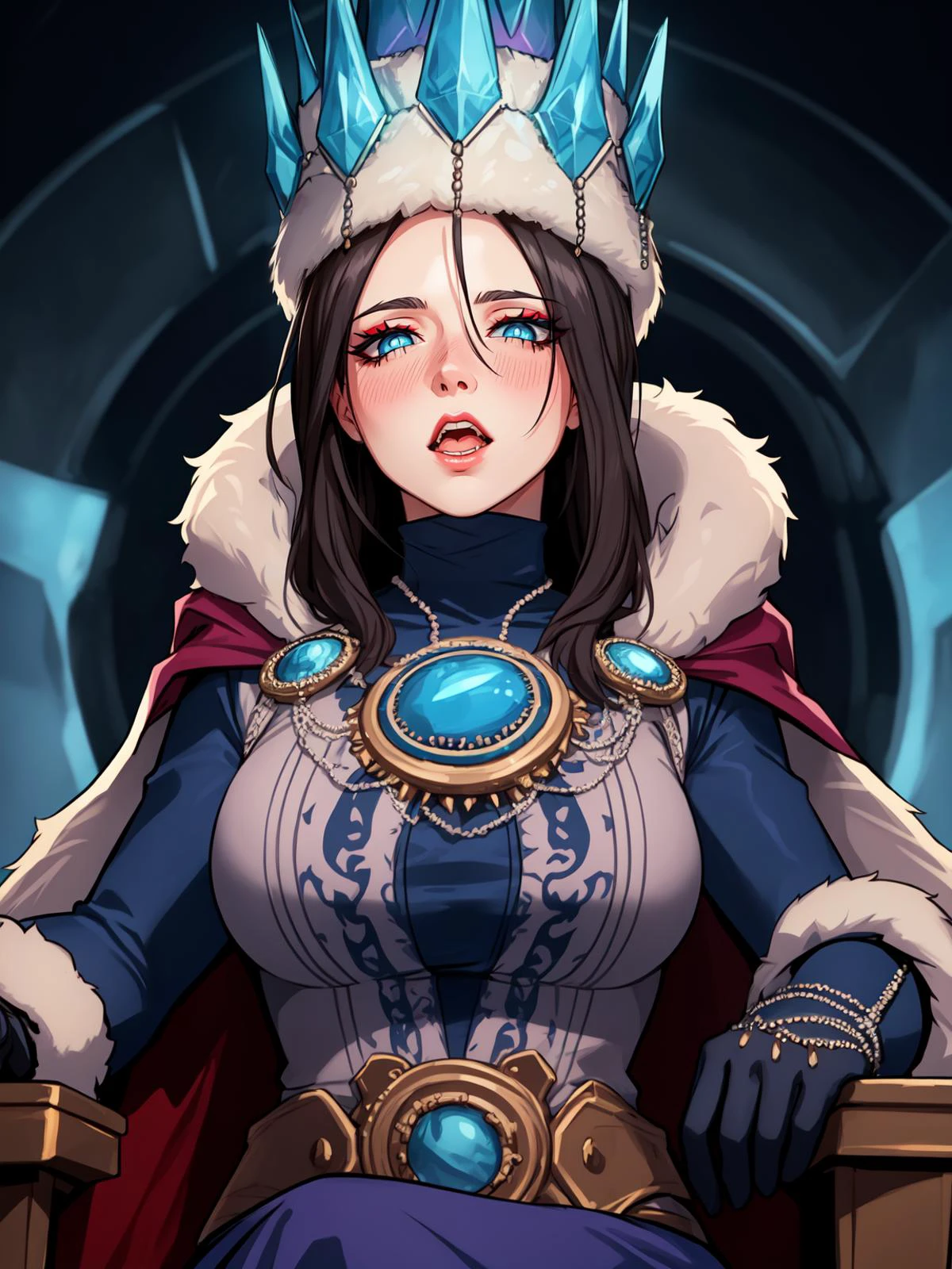 (highres, high quality:1.2), intricate details, cinematic lighting, sharp focus, depth of field, 1990s \(style\),
TzarinaKatarin, (solo:1.1), mature female, head on hand, sitting on throne, cowboy shot, looking at viewer,
half-closed eyes, open mouth,blush,
black hair, (hat, crown:1.1), long hair, makeup, blue eyes, glowing eyes, perfect eyes, perfect face, detailed face,
(fur-trimmed coat:1.1), fur trim, gem, jewelry, fur cape, gloves,
large breasts, curvy
<lora:TzarinaKatarin:0.75> <lora:half-closed eyes:0.9>