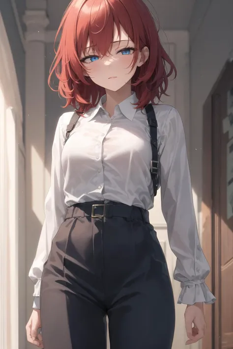 masterpiece, best quality,
1girl, solo, mature female, red hair, messy hair, medium hair, blue eyes, glowing eyes, medium breasts, groin, standing, looking at viewer, half-closed eyes,
collared shirt, long sleeves, puffy sleeves, checkered pants, harness,
indoors, classical furniture,
intense shadow, backlighting,
<lora:half-closed eyes:0.8>,