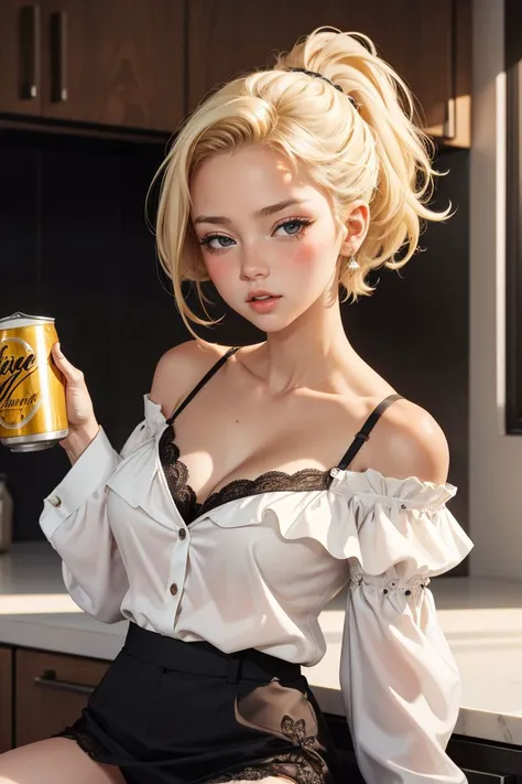 drawing, Blonde woman in black dress holding a cup of coffee, Anime girl drinking energy drink, anime girl cosplay, เด็กนักเรียนที่Exaggerated, Stop four, Soda Theme Girl, Mysterious coffee shop girl, Stop four *, Mercy from Overwatch, Exaggerated , anime characters; Whole body art, anime cosplay, From the girls at the front, Added an astronomy lab backdrop.