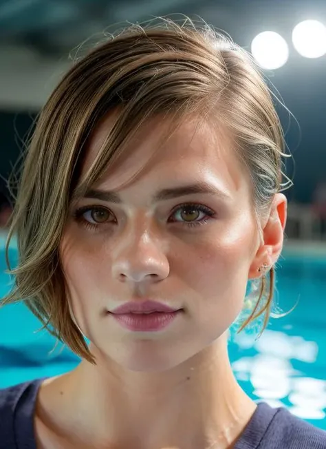 portrait of SKSWOMAN, sleepy , wearing casual wear , with dark blonde A-line haircut , background swimming pool epic (photo, studio lighting, hard light, sony a7, 50 mm, matte skin, pores, colors, hyperdetailed, hyperrealistic), <lyco:Hayley Atwell:1.1>