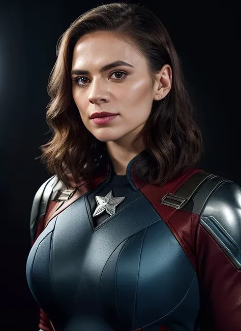 portrait of SKSWOMAN, interested , wearing evening gown , with silver Bob , background fall epic (photo, studio lighting, hard light, sony a7, 50 mm, matte skin, pores, colors, hyperdetailed, hyperrealistic), <lyco:Hayley Atwell:1.1>, wearing captain America outfit