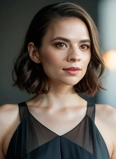 portrait of SKSWOMAN, interested , wearing evening gown , with silver Bob , background fall epic (photo, studio lighting, hard light, sony a7, 50 mm, matte skin, pores, colors, hyperdetailed, hyperrealistic), <lyco:Hayley Atwell:1.1>