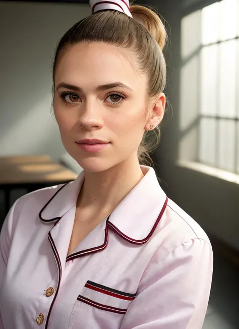 portrait of SKSWOMAN, loving , wearing pajamas , with white Ponytail , background classroom epic (photo, studio lighting, hard light, sony a7, 50 mm, matte skin, pores, colors, hyperdetailed, hyperrealistic), <lyco:Hayley Atwell:1.1>
