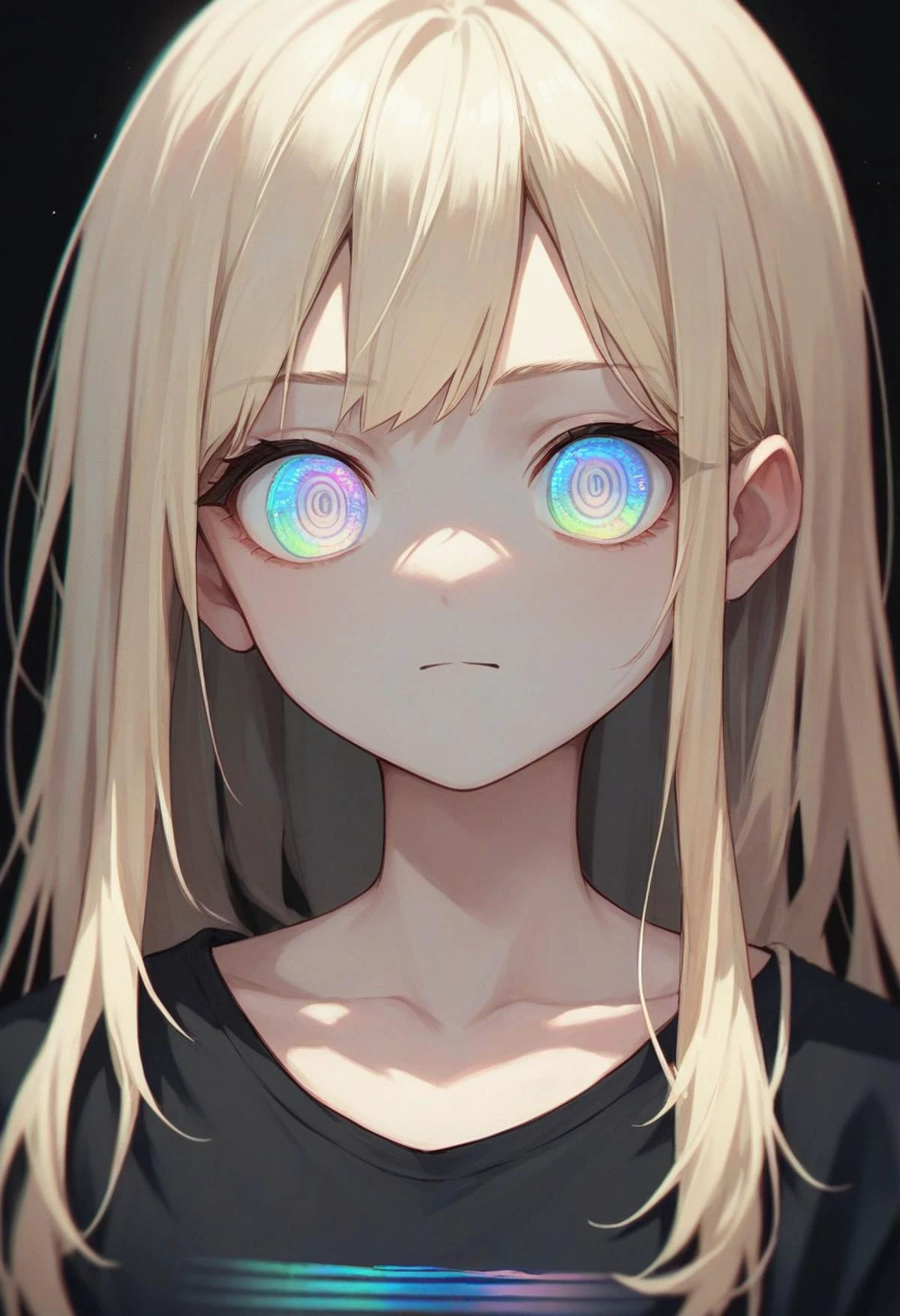 score_9, score_8_up, score_7_up, score_6_up, source_anime, <lora:holographic_v0.2-pony:1>
1girl, upper body,
looking at viewer, long hair, blonde hair,
holographic eyes, black background, collarbone, black shirt,