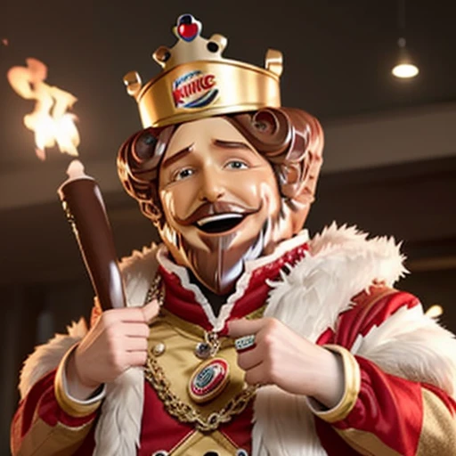 <lora:ARWBurgerKingMascot:0.8> The burgerking mascot is destroying a rival that dares set up on his turf, explosives, creepy, kingly garb