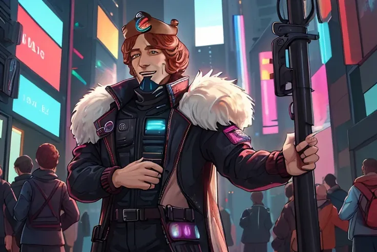 a man, <lora:ARWBurgerKingMascot:1.3> The burgerking mascot as the head of a Shadowrun MegaCorp destroying a food truck that dares set up on his turf (Techwear fashion :1.3), Futuristic, high-tech, stylish, sleek, cyberpunk, techwear fashion, quarter turn,1/4 body pose, upper body view, Looking at something, Tall body, king costume <lora:AdsTech-20:0.8> adstech, colorful symbols , hologram, scifi