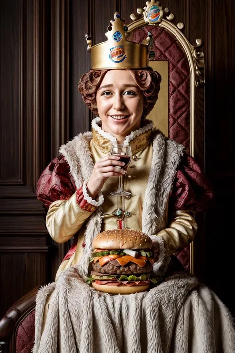 1girl, solo, portrait of queen burgerking mascot woman sit on king throne, giant burgers on wooden table, glass of wine, castle, golden ornament, looking at viewer, details, realistic, photography, blurry background, softfocus , bokeh <lora:ARWBurgerKingMascot:1>
