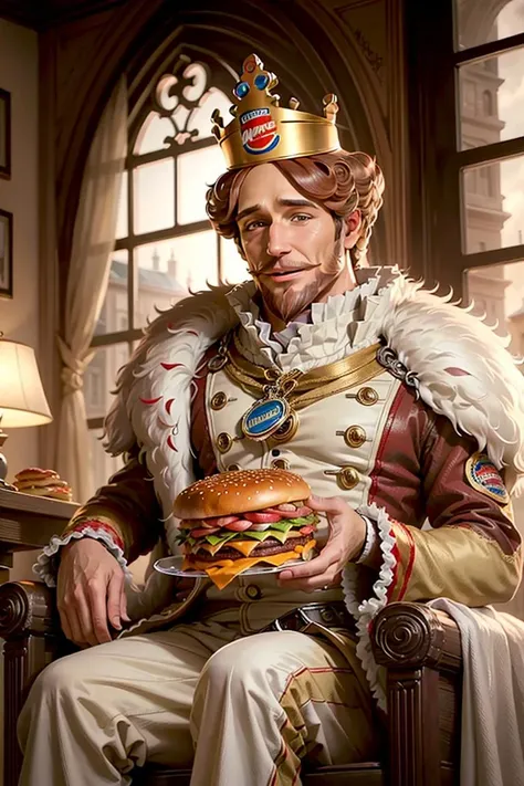 1man, solo, portrait of burgerking mascot sit on king throne, giant burgers on wooden table, glass of wine, castle, golden ornament, looking at viewer, details, realistic, photography, blurry background, softfocus , bokeh <lora:ARWBurgerKingMascot:1>