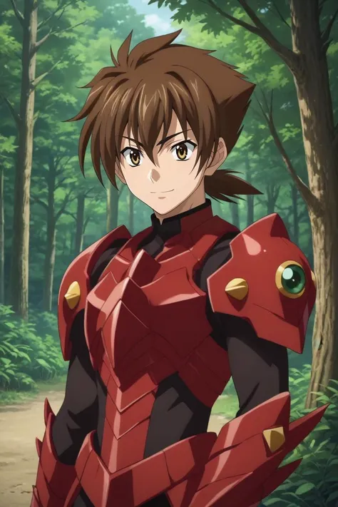 score_9, score_8_up, score_7_up, source_anime, rating_safe, , , , , 1boy, solo, male focus, <lora:issei_hyoudou_pony:1>, issei_hyoudou, brown hair, brown eyes, hair between eyes, , boosted gear, armor, full armor, robot, mecha, upper body, cabin, forest, campfire, dark, arm up, naughty smile, , <lora:sdxl_lightning_8step_lora:1>