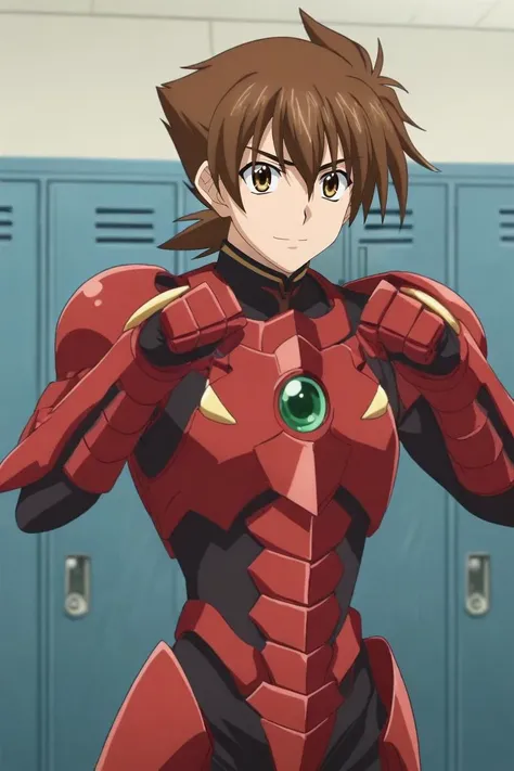 score_9, score_8_up, score_7_up, source_anime, rating_safe, , anime screencap, , , , depth of field, 1boy, solo, male focus, <lora:issei_hyoudou_pony:0.9>, issei_hyoudou, brown hair, brown eyes, hair between eyes, , boosted gear, armor, full armor, robot, mecha, close-up, locker room, midnight, paw pose, light smile, , <lora:sdxl_lightning_8step_lora:1>