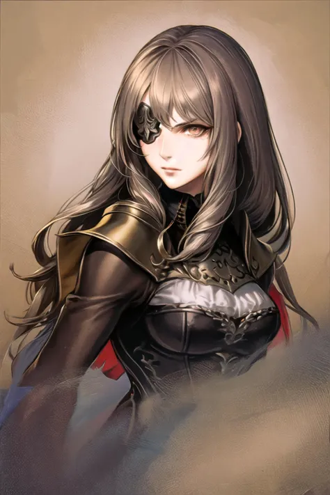 bxrq, 1girl, solo, young woman, signature,long hair ,brown hair, brown eyes, (grey eyepatch), eyeliner, corset, ascot, closed mouth, upper body, mole under eye, scar, looking ahead, simple background, frown, forest background, looking at right, red pantyhose:1.1, <lora:BeatrixRedQueenLoRAv24-12-4Batch-RealCartoon3D:1> <lora:add_detail:0.8> <lora:Ayami Kojima:0.8>