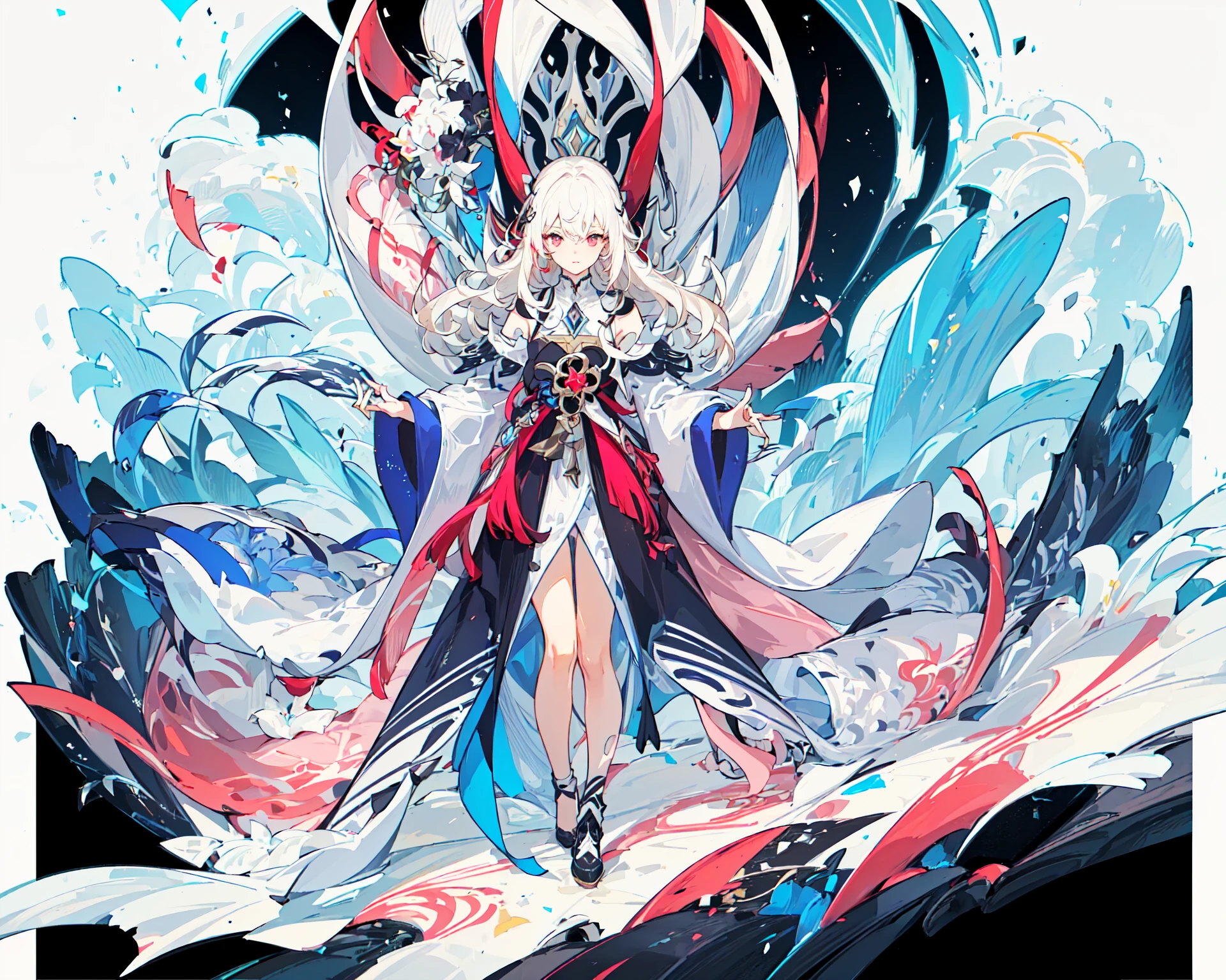 ((masterpiece)), ((high detail)), 1girl, ((ultra-detailed)),((delicate face)), Beautiful detailed eyes, (White blonde hair in gradations with red highlights,gradient hair),long hair, floating hair, ,hairs between eyes, GSHead,1girl ,solo,red eyes,genshin_impact,look at the viewer, <lora:gsr:0.7>,((full_body,distant view)), ((white background)), (Tarot cards border, outside border), ,<lora:tachi-e:1>,Wide Angle shot, strong light and shadow, cinematographic lens,((Floating and flying in the sky,with cotton-like clouds)),((pink cloud surround))