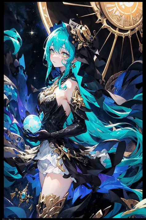 a vantablack alien girl wearing a beautiful dark starlight gown with star sequins, she has gold tears streaming down her face, holding a celestial orb in her hands, pixiv, <lora:tam:1> ,<lora:gsr:0.7>,(Complex backgrounds, borders, out borders),((Vistas, cinematic shots, sky landscapes, mirror reflections))