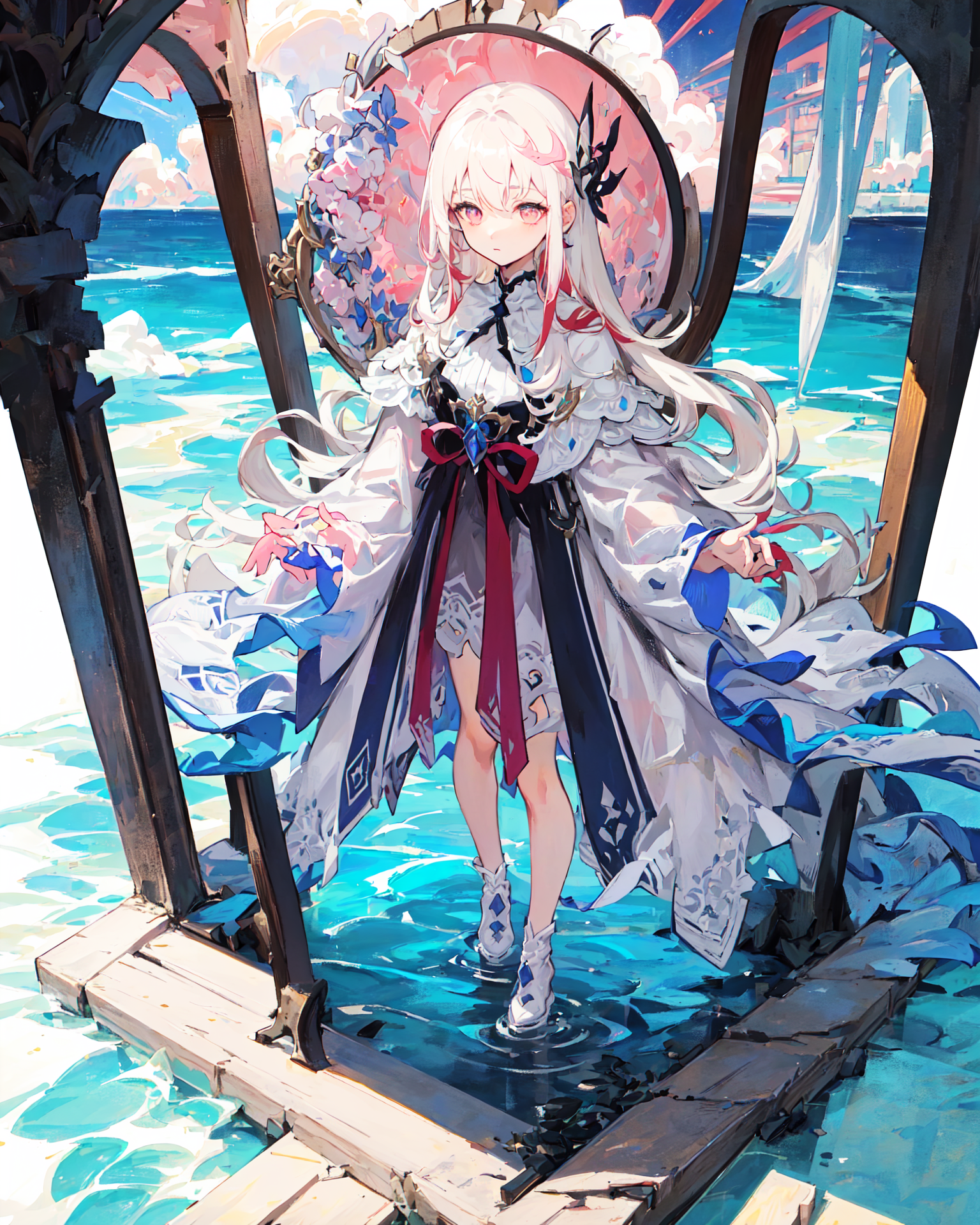 Anime girl in a white dress standing on a pier with a pink umbrella ...