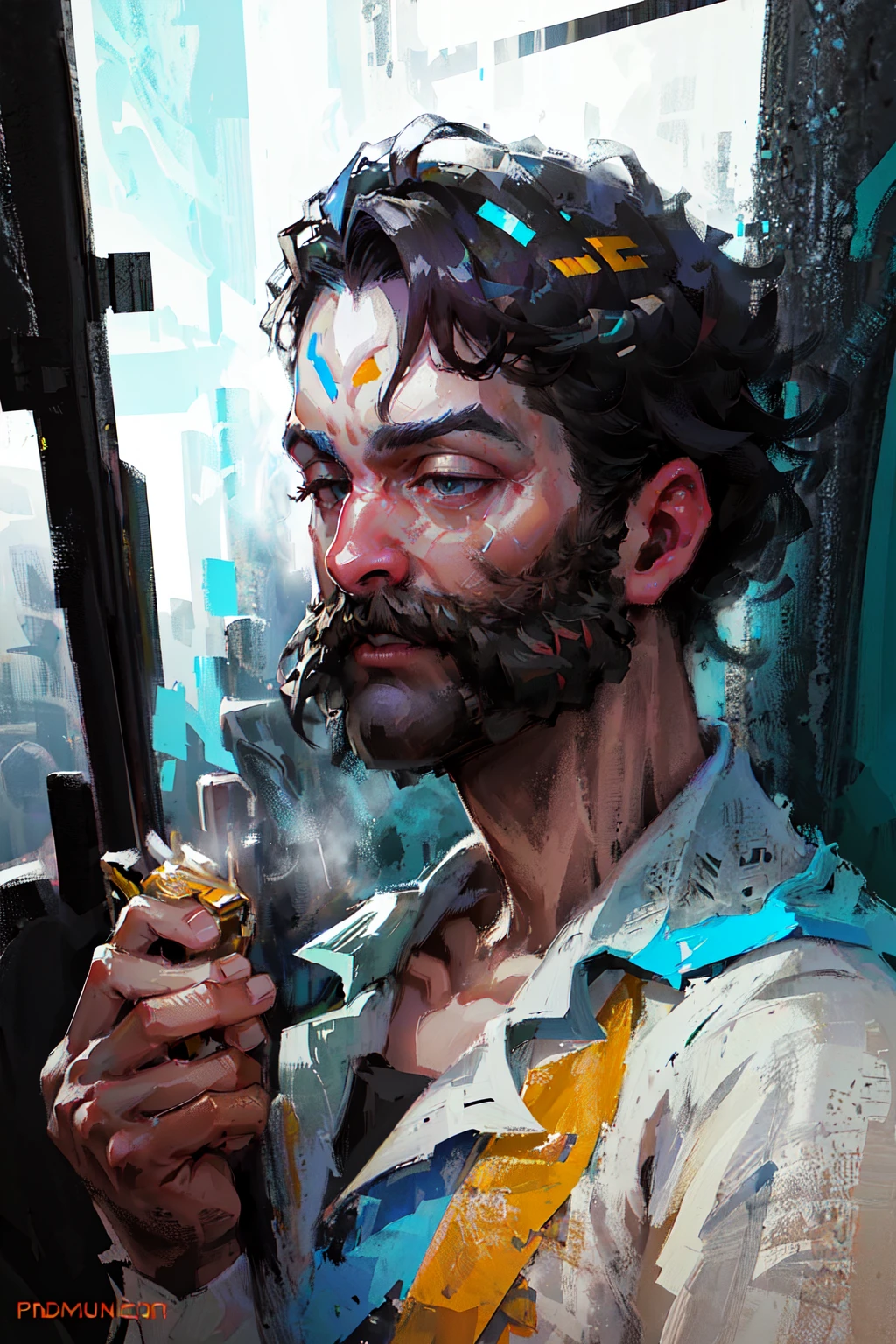 brown men'sboilersuit, Christian Hilfgott Brand, tech wear, concept art, modular constructivism,((masterpiece)), ((high detail)), ((1 burly ((ugly)) man, solo)) ,(beard),((ultra-detailed)),((delicate face)), yellow hair,Bust, close-up,((celluloid)),A old long scar on his face, cyberpunk accessories,Firmness of eyes,The body and face were covered with dust,Cyberpunk eyebrow studs,((The face was mosaicked)), <lora:DiscoElysiumStyle_v1:0.6>