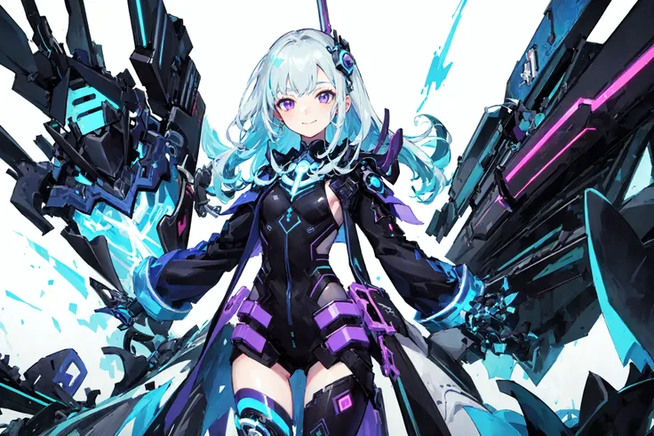 masterpiece, best quality, 1girl, solo, purple theme, smile, cyborg, cyberpunk, electricity, lightning, jacket, (white background:1.5), full body, panorama,  , <lora:gsr:0.8>,GSHead <lora:tam:1>