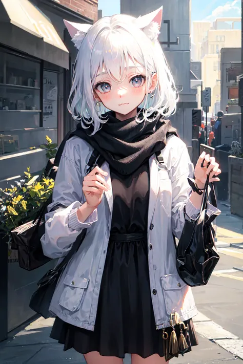 masterpiece, best quality, 1girl, white hair, medium hair, cat ears, open eyes, looking at viewer, :3, cute, scarf, jacket, outdoors, streets