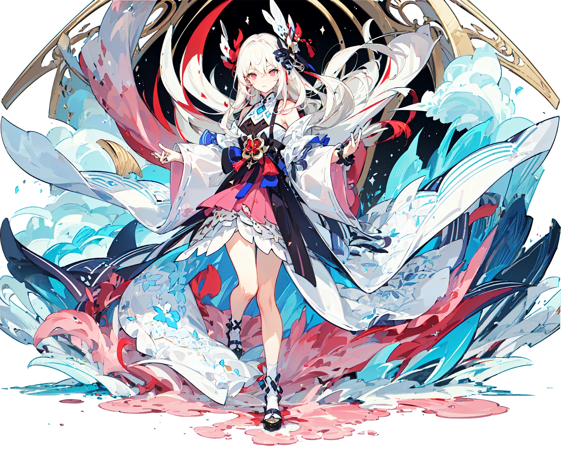 ((masterpiece)), ((high detail)), 1girl, ((ultra-detailed)),((delicate face)), Beautiful detailed eyes, (White blonde hair in gradations with red highlights,gradient hair),long hair, floating hair, ,hairs between eyes, GSHead,1girl ,solo,red eyes,genshin_impact,look at the viewer, <lora:gsr:0.7>,((full_body,distant view)), ((white background)), (Tarot cards border, outside border), ,<lora:tachi-e:1>,Wide Angle shot, strong light and shadow, cinematographic lens,((Floating and flying in the sky,with cotton-like clouds)),((pink cloud surround))
