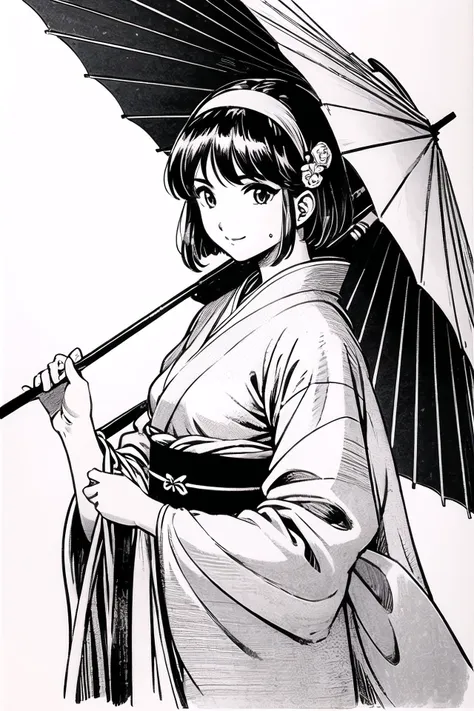 1girl, solo,umbrella, hairband, holding, japanese clothes, looking at viewer, holding umbrella,  kimono, wide sleeves, upper body, bangs, smile, short hair, simple background, sash, long sleeves, parted lips, from side, bow, mole under eye, parasol, looking to the side, <lora:sakura1:0.8>