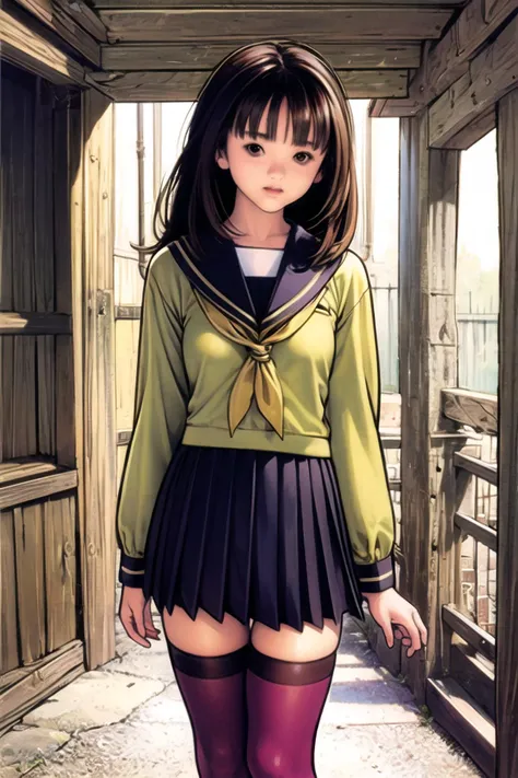 1girl, solo, thighhighs, brown hair, zettai ryouiki, school uniform, brown eyes, arm behind back, skirt, serafuku, long sleeves, dress, long hair, <lora:guizhenghe:1>