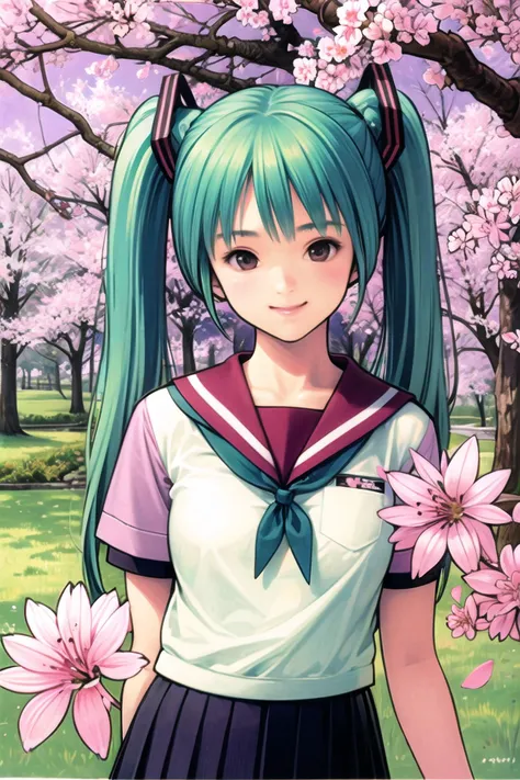 school uniform, green hair,very long hair,cherry blossoms, cherry hair ornament, hanami, sakura,1girl,solo,hatsune_miku, smile,looking at viewer, <lora:guizhenghe:0.8>