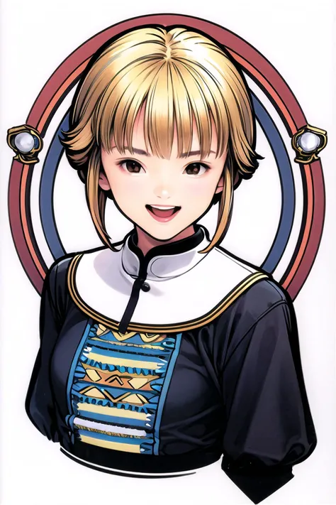 1girl, solo, short hair, smile, open mouth, upper body, white background, brown eyes, long sleeves, :d, simple background, looking at viewer, blonde hair, bangs, <lora:guizhenghe:0.9>