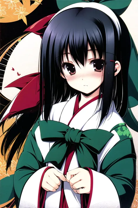 1girl, solo, bow, long hair, hair bow, japanese clothes, leaf, black hair, long sleeves, blush, looking at viewer, red bow, upper body, miko, <lora:tenmu:0.9>