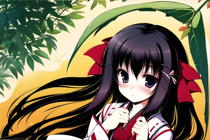 1girl, solo, bow, long hair, hair bow, japanese clothes, leaf, black hair, long sleeves, blush, looking at viewer, red bow, upper body, miko, <lora:tenmu:0.9>