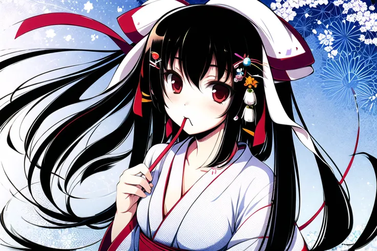 1girl, solo, red eyes, mouth hold, black hair, japanese clothes, ribbon, kimono, ribbon in mouth, string, hair ribbon, hair ornament, looking at viewer, collarbone, long hair, <lora:tenmu:0.9>