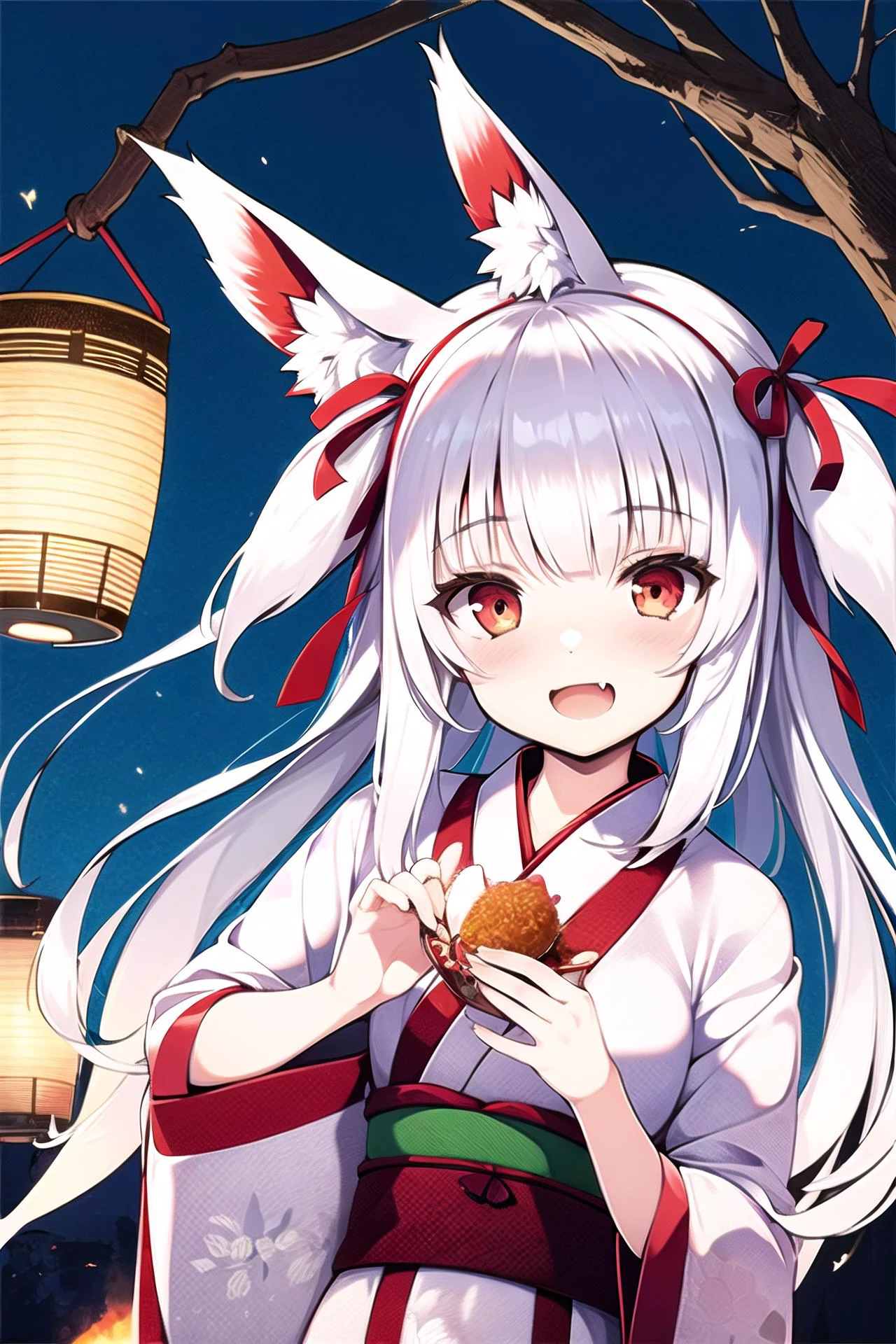 1girl, solo, animal ears, long hair, smile, japanese clothes, open mouth, holding, red eyes, fox mask, :d, kimono, mask, mask on head, fox ears, floral print, print kimono, bangs, fang, animal ear fluff, blush, hair ribbon, ribbon, looking at viewer, white kimono, upper body, head tilt, collarbone, hair between eyes, red ribbon, food, fingernails, long sleeves, holding food, lantern, fox girl, outdoors, wide sleeves, white hair, <lora:tenmu:0.9>
