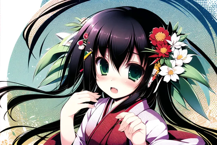 1girl, solo, black hair, hair ornament, flower, long hair, fang, hair flower, open mouth, blush, green eyes, japanese clothes, <lora:tenmu:0.9>
