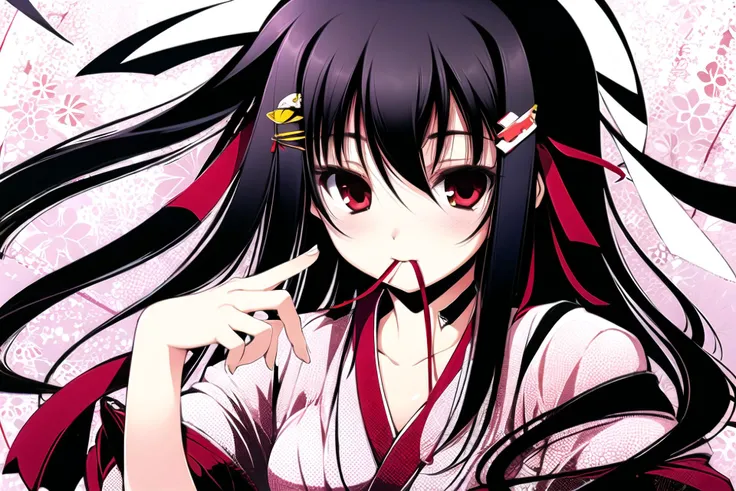 1girl, solo, red eyes, mouth hold, black hair, japanese clothes, ribbon, kimono, ribbon in mouth, string, hair ribbon, hair ornament, looking at viewer, collarbone, long hair, <lora:tenmu:0.9>