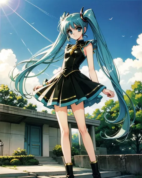 1girl, solo, outdoors, standing, hatsune miku,
<lora:Magic knight Rayearth:0.6>, clamp, magic knight rayearth, retro artstyle, 1990s (style), long hair, armor, skirt,