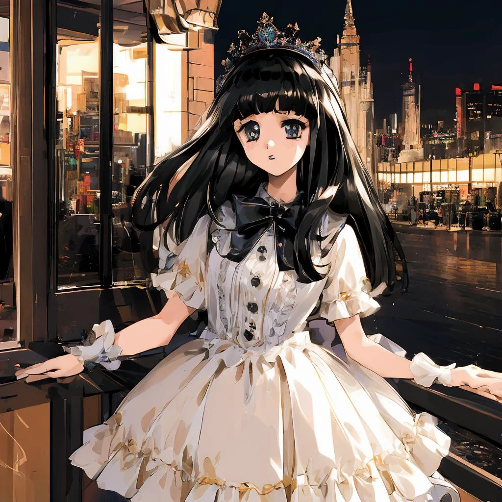 masterpiece, best quality, 1girl, solo, black hair, long hair, bangs, straight hair, <lora:ta_dress:1>, dress, cosplay_photo, frills, headpiece, black dress, bow, bows, <lora:tired_eyes:1>, <lora:elf-pc-98V3:1>, looking_at_viewer, retro_artstyle, 1990s_(style), black_hair, long_hair, outside, night, moon light, city, city lights