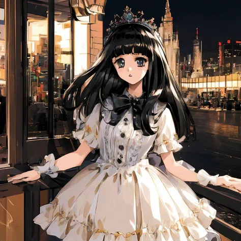 masterpiece, best quality, 1girl, solo, black hair, long hair, bangs, straight hair,  <lora:****ta_dress:1>, dress, cosplay_photo, frills, headpiece, black dress, bow, bows,  <lora:tired_eyes:1>,  <lora:elf-pc-98V3:1>, looking_at_viewer, retro_artstyle, 1990s_(style), black_hair, long_hair, outside, night, moon light, city, city lights