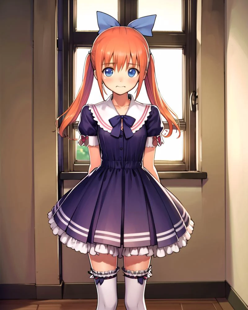1girl, solo, (indoors), standing, simple background,
frilled legwear, frilled socks, zettai ryouiki,
blush, embarrassed, wavy mouth, furrowed brow,
<lora:tony_1024:0.8>, frilled dress,
<lora:popurin_moe:0.6>, (blue eyes, hair bow, blue bow, orange hair, twintails),