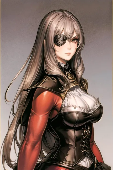 bxrq, 1girl, solo, young woman, signature,long hair ,brown hair, brown eyes, (grey eyepatch), eyeliner, corset, ascot, closed mouth, upper body, mole under eye, scar, looking ahead, simple background, frown, forest background, looking at right, red pantyhose:1.1, <lora:BeatrixRedQueenLoRAv24-12-4Batch-RealCartoon3D:1> <lora:add_detail:0.8> <lora:Ayami Kojima:0.8>