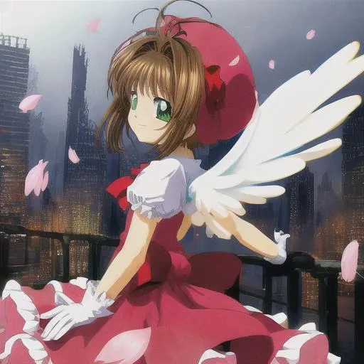apocalypse setting, buildings collapse, gray haze, view from the back, over the shoulder, masterpiece, facing away from the camera,
brown hair, kinomoto sakura, hat, gloves, dress, green eyes, white gloves, kero, wings, magical girl, bow, short hair, short sleeves, pink headwear, puffy sleeves, looking at viewer, puffy short sleeves, petals, smile, red bow, antenna hair, frills, solo focus, white wings, <lora:Card Captor Sakura Anime:0.8>
<lora:LAS:0.4> <lora:more_details:0.4>