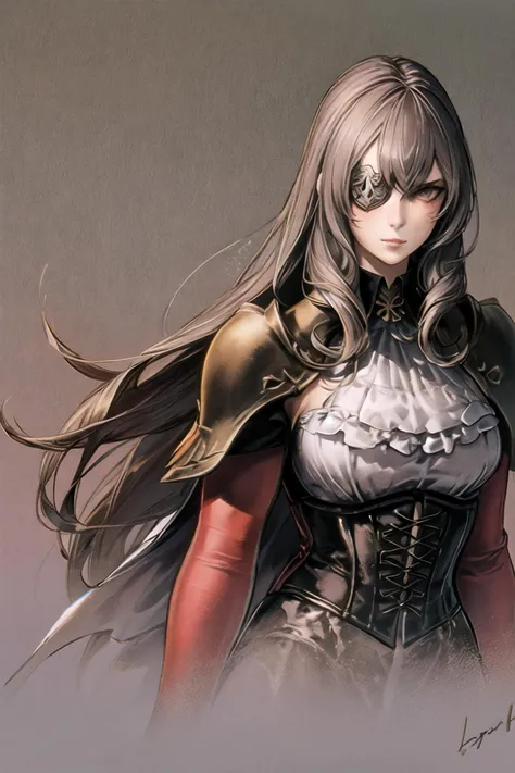 bxrq, 1girl, solo, young woman, signature,long hair ,brown hair, brown eyes, (grey eyepatch), eyeliner, corset, ascot, closed mouth, upper body, mole under eye, scar, looking ahead, simple background, frown, forest background, looking at right, red pantyhose:1.1, <lora:BeatrixRedQueenLoRAv24-12-4Batch-RealCartoon3D:1> <lora:add_detail:0.8> <lora:Ayami Kojima:0.8>