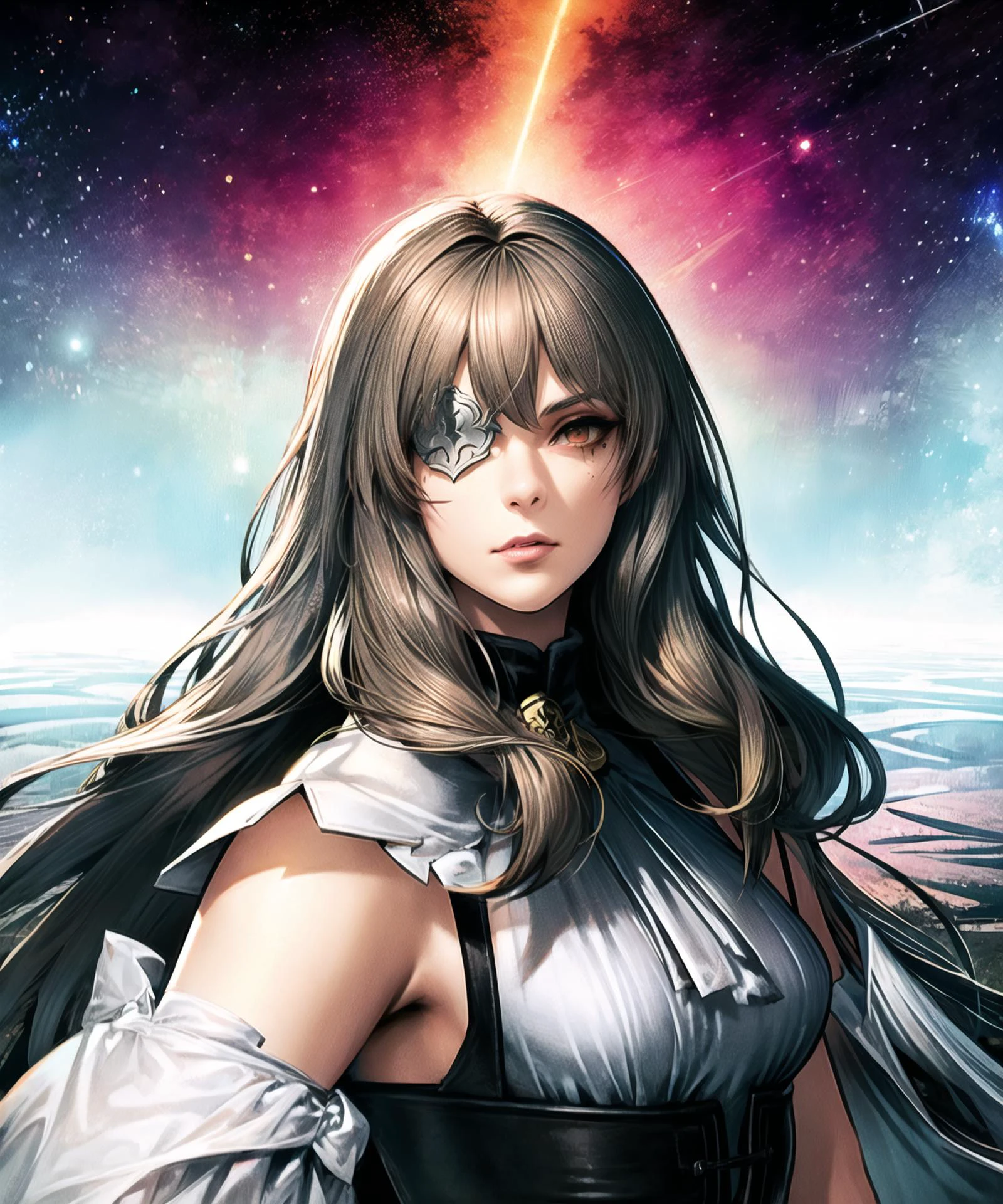 (masterpiece, best quality), 1girl, bxrq, upper body, brown hair, long hair, brown eyes, grey eyepatch, lips, mole under eye, looking viewer, black corset, standing, looking away, outdoors, (in the space, with the earth in the background), beautiful light, <lora:add_detail:0.8> <lora:br_max:0.6> <lora:shinkiro:0.8> <lora:BeatrixRedQueenLoRA-24-12-SD1.5-768:1>
