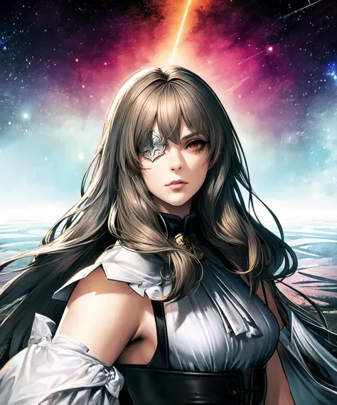 (masterpiece, best quality), 1girl, bxrq, upper body, brown hair, long hair, brown eyes, grey eyepatch, lips, mole under eye, looking viewer, black corset, standing, looking away, outdoors, (in the space, with the earth in the background), beautiful light,  <lora:add_detail:0.8> <lora:br_max:0.6> <lora:shinkiro:0.8> <lora:BeatrixRedQueenLoRA-24-12-SD1.5-768:1>